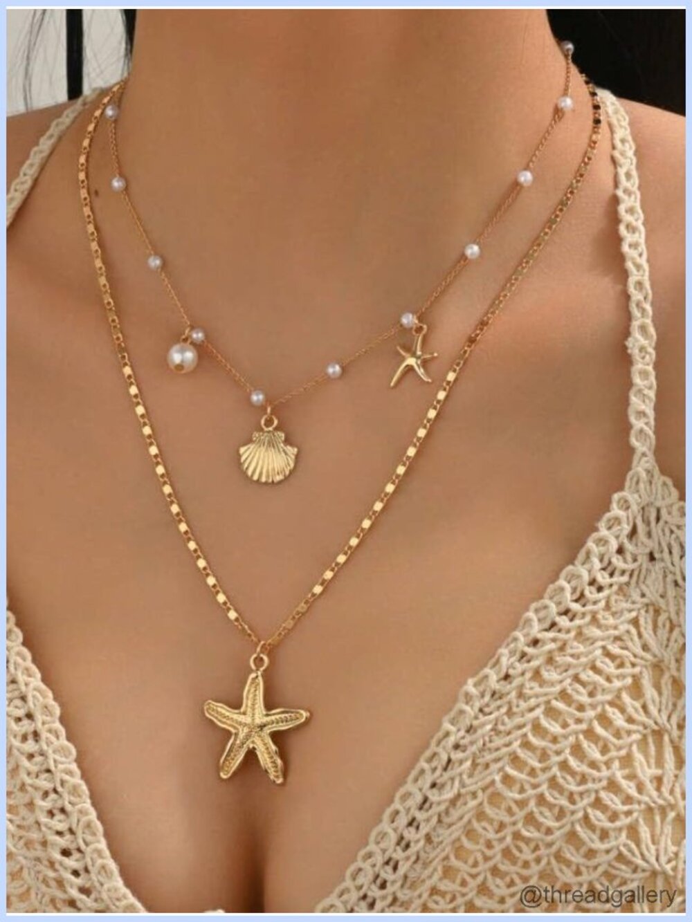 Starfish & Shell Layered Clavicle Necklace 2-Piece Set Pearl Accent Beach
